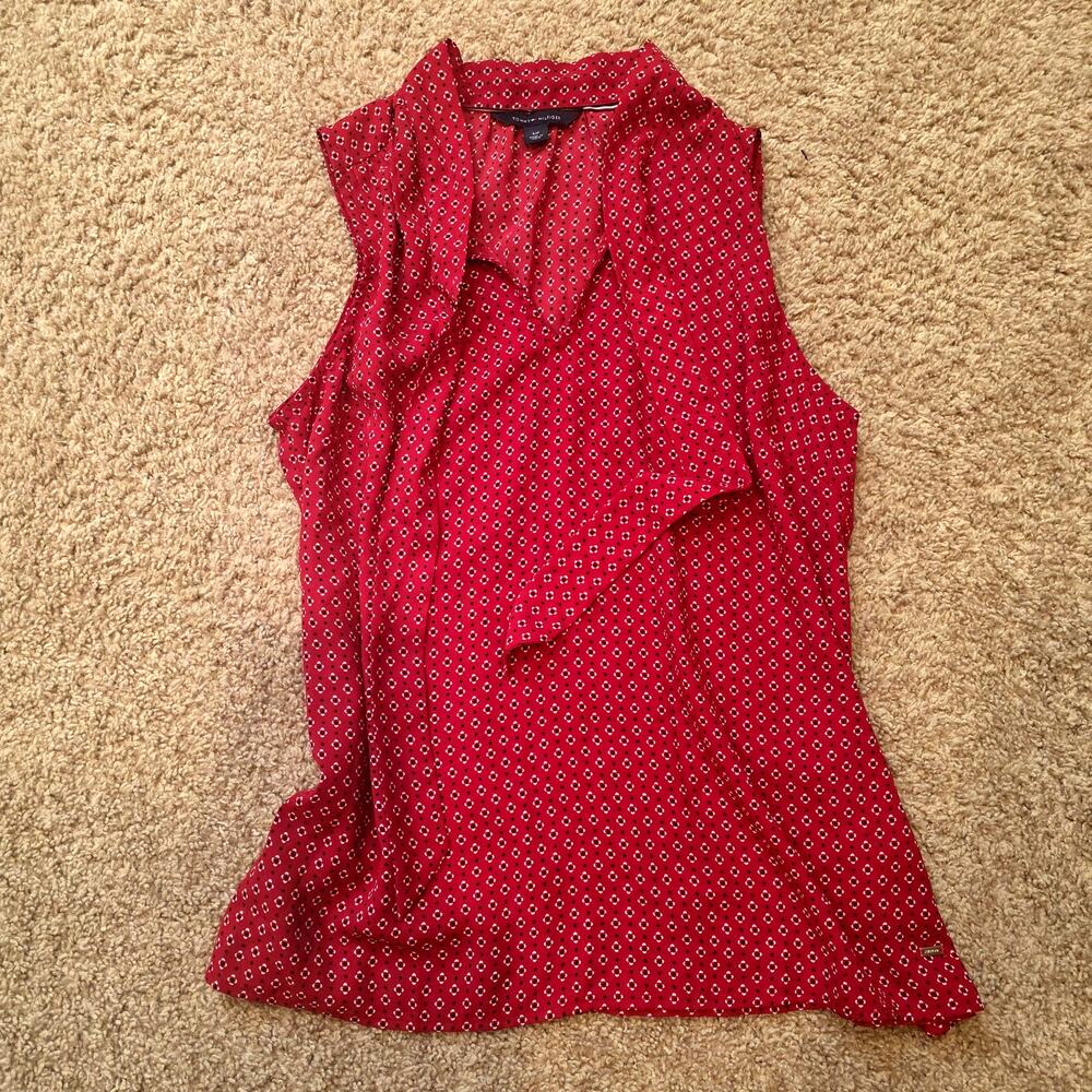 Tommy Hilfiger red geometric print sleeveless neck-tie blouse sz S - Picture 1 of 5
